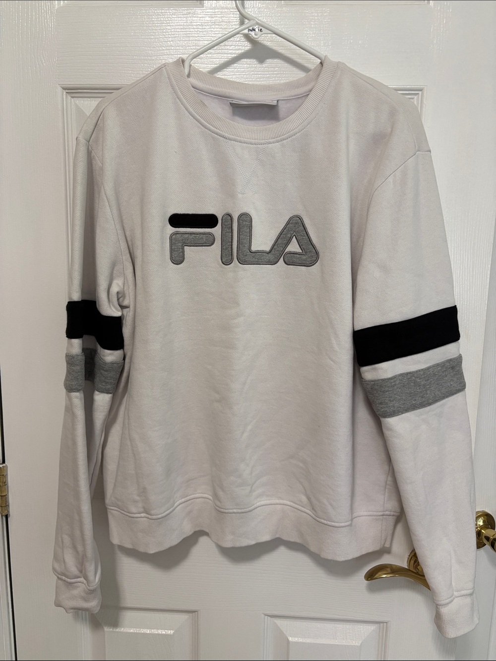 Fila White Crewneck Sweatshirt with Black & Gray Logo Stripes